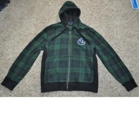 *Winter Jacket Tommy Hilfiger Large Green Plaid Heavyweight Zip Up Hooded Mens